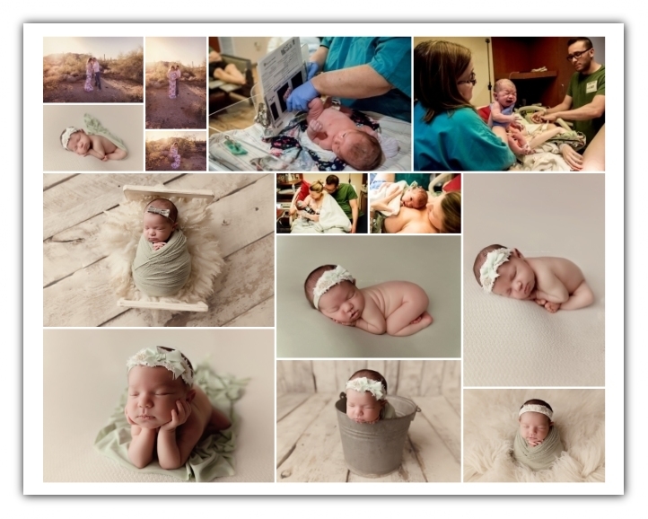 maternity, birth, and newborn girl session; cream and sage colors